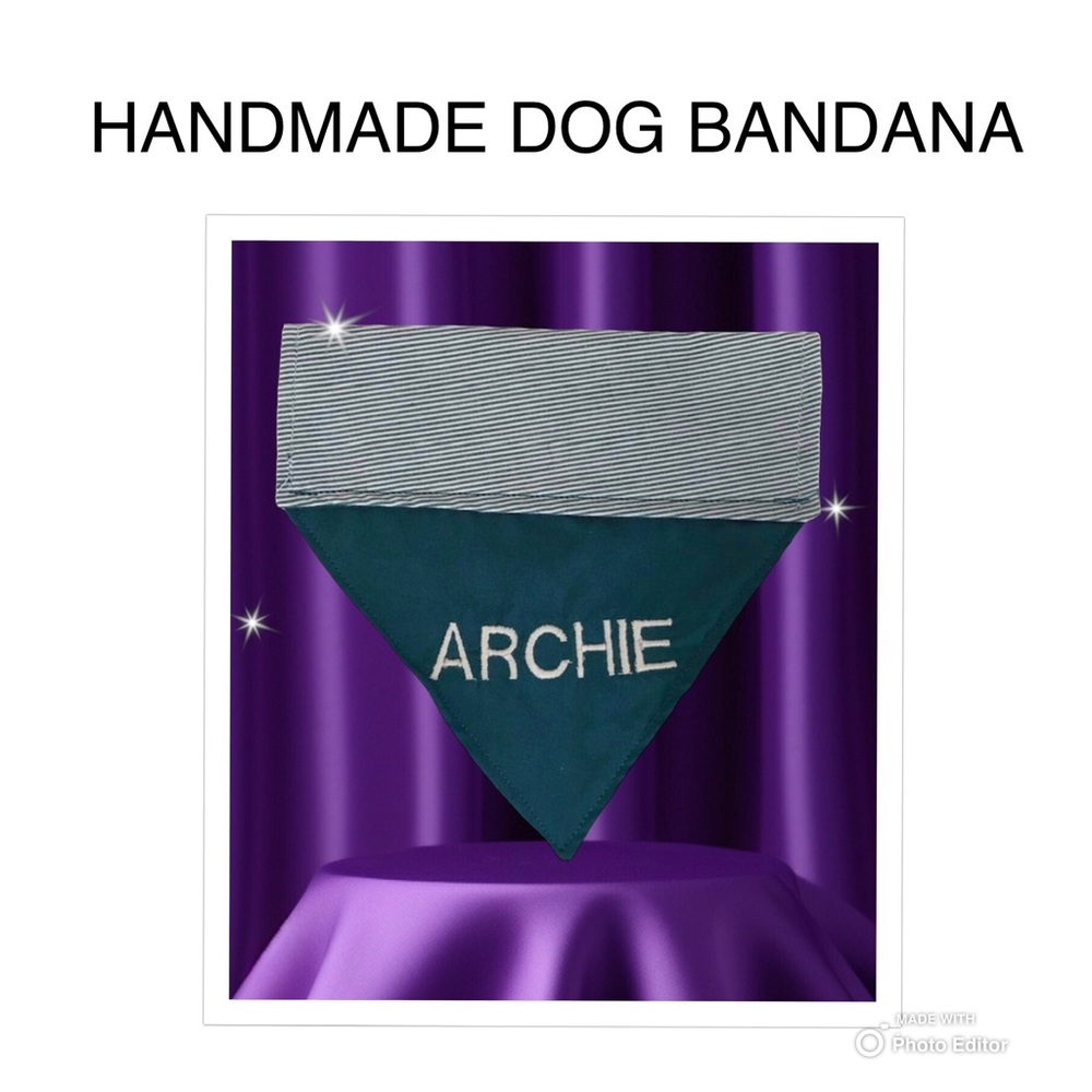 HANDMADE DOG BANDANA PERSONALIZED EMBROIDERED ARCHIE REVERSIBLE SLIP ON COLLAR